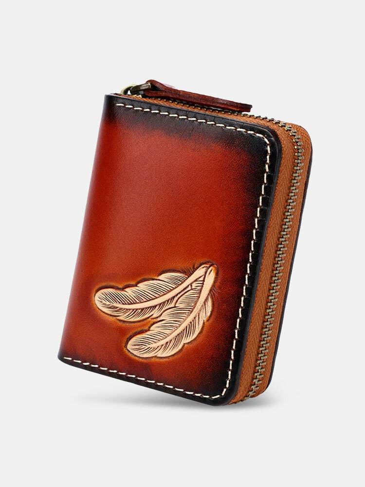 Women Genuine Leather Vintage Zipper Front Feather Embossing Wallet Multiple Card Slots Small Card Holder