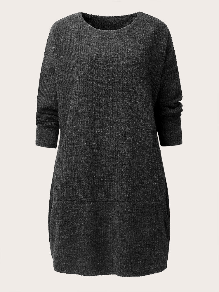 Plus Size Solid Color O-neck Pocket Casual Sweater Dress