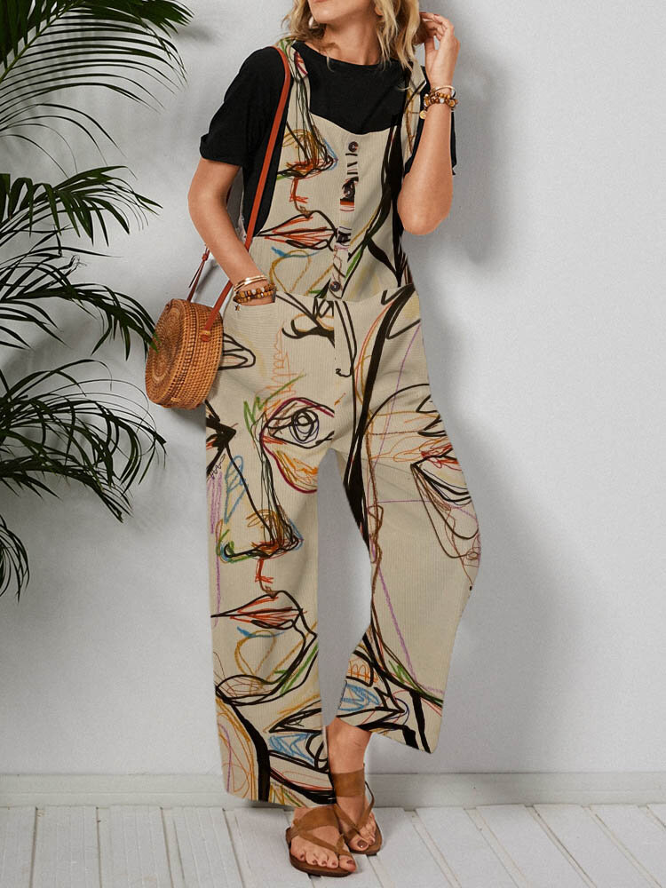 Abstract Portrait Print Pocket Sleeveless Cami Casual Jumpsuit For Women