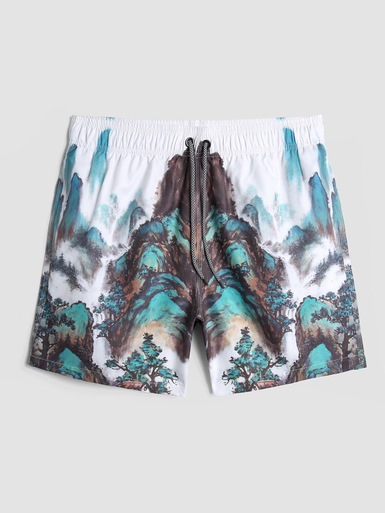 

Men Landscape Mountain Print Lined Swim Board Shorts With Pockets, White