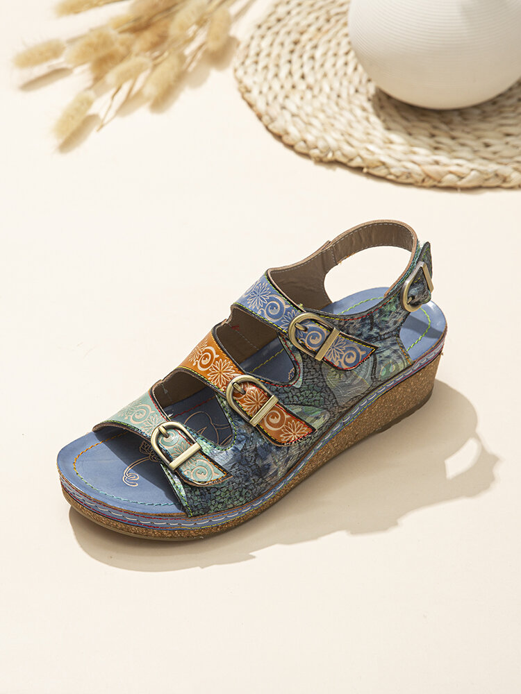 Socofy Ethnic Print Splicing Leather Wedges Buckle Decor Triple Band Hook Loop Sandals