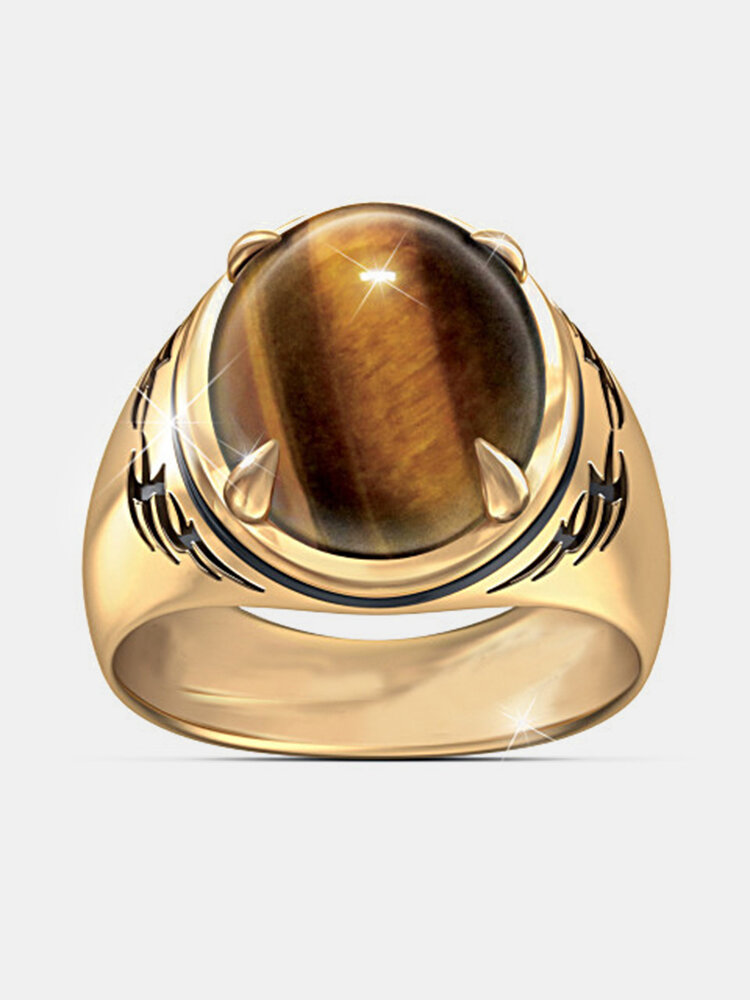 Natural Tiger Eye Stone 24K Gold Plated Men Ring Jewelry Gift