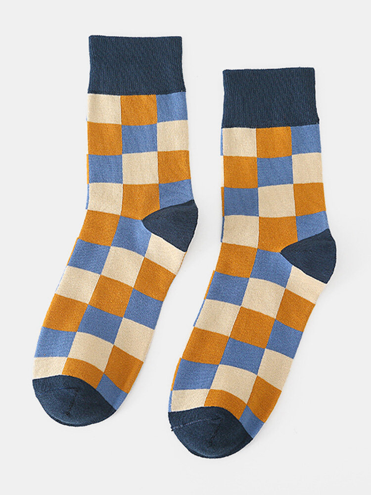 5 Pairs Unisex Cotton Color Contrast Small Squares Jacquard Warmth Medium Tube Socks