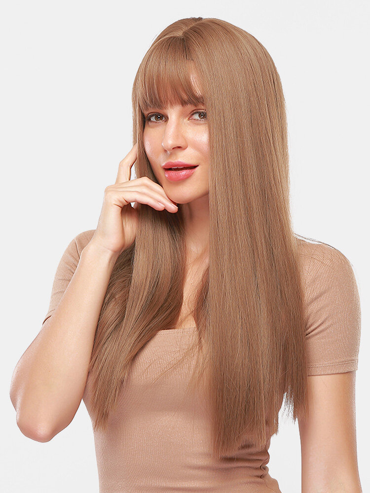 24 Inch Light Brown Long Straight Hair Full Bangs High Temperature Fiber Wigs