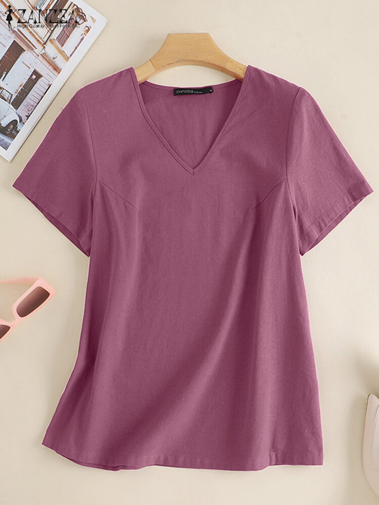 Solid V-neck Short Sleeve Casual T-shirt For Women