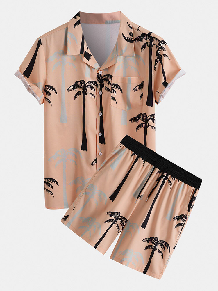Mens Tropical Кокос Tree Print Revere Collar Holiday Two Pieces Outfits