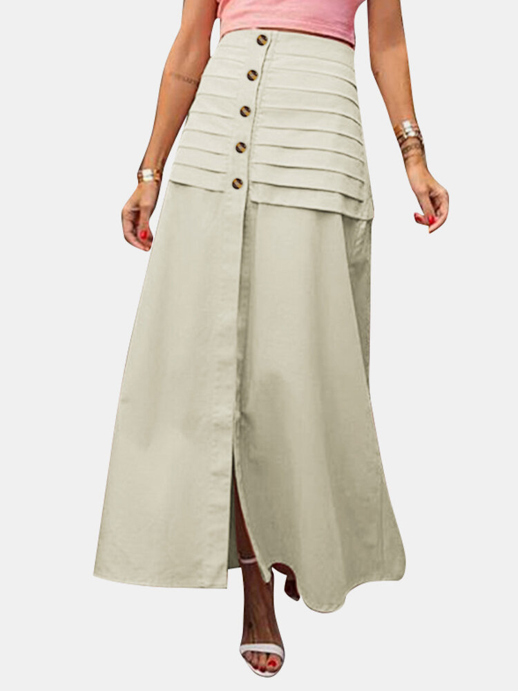 Solid Color Layered Front Button Slit Hem Back Elastic Waist Skirt