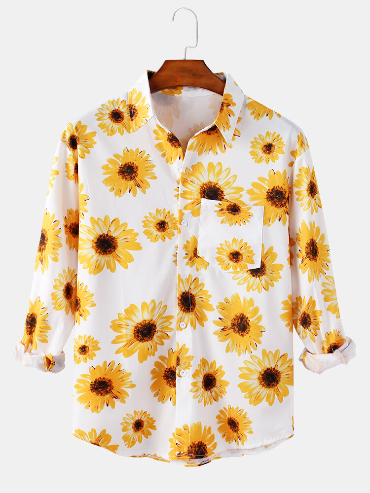 Mens Sunflower Print Casual Holiday Lapel Long Sleeve Shirts With Pocket