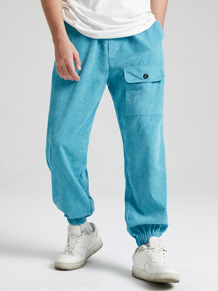 Mens Flap Pocket Design Corduroy Solid Color Drawstring Pants