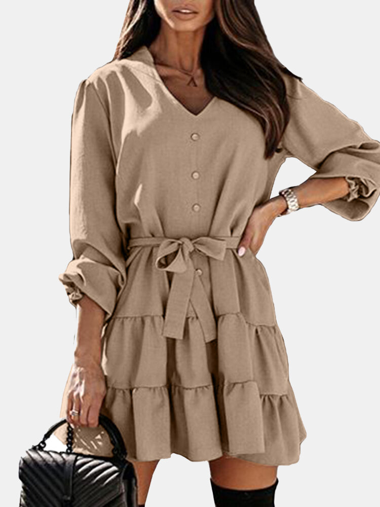 Solid Color Long Sleeve V-neck Knotted Mini Dress For Women