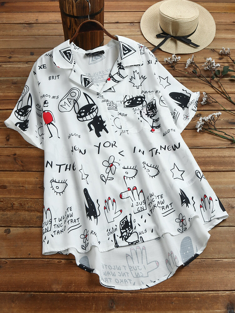 Cute Cartoon Print Irregular Plus Size Summer Shirt