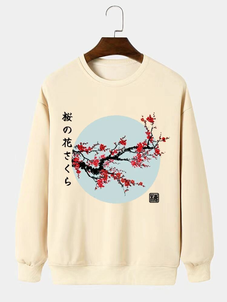 

Mens Japanese Cherry Blossoms Print Crew Neck Pullover Sweatshirts, White;apricot;black