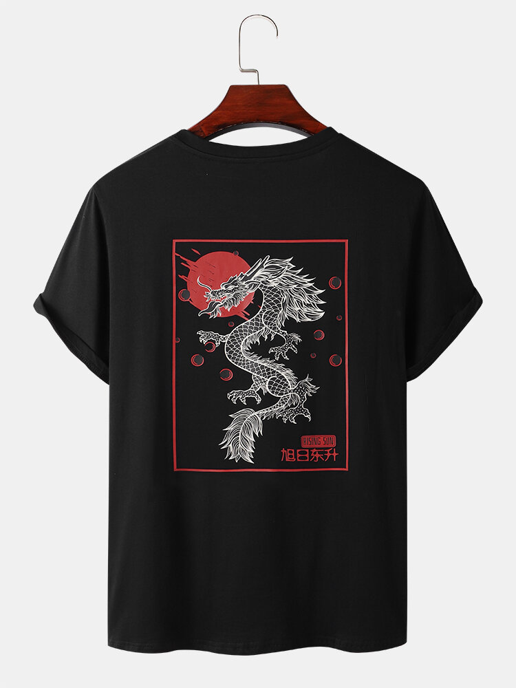 Mens Chinese Dragon Back Print Street Short Sleeve T-Shirts