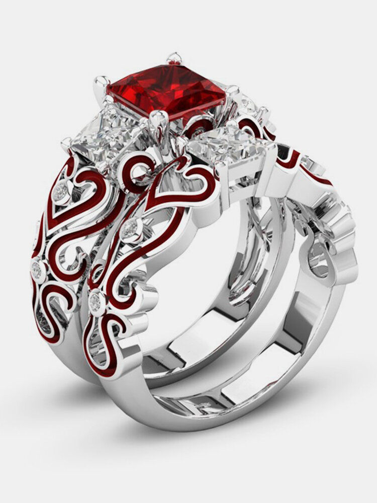 2 Pcs Stackable Cocktail Rings Cubic Zirconia Rings Red Heart Wedding Engagement Rings for Women