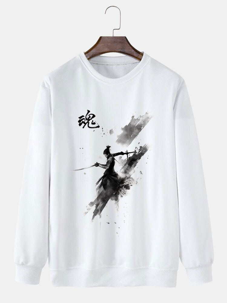 ChArmkpR Mens Chinese Figure Ink Print Crew Neck Pullover Sweatshirts Winter