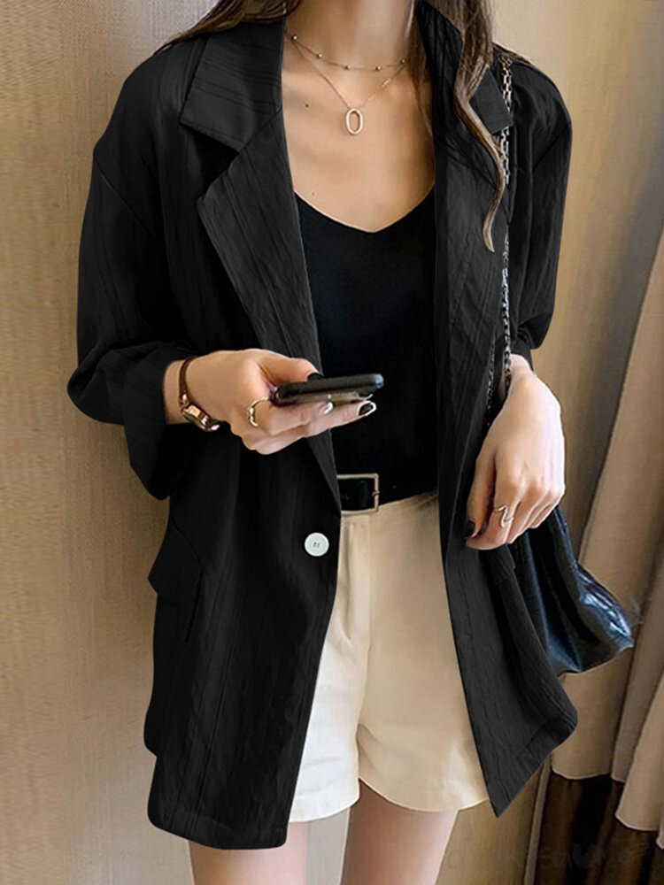 Blazer feminino com estampa de listras manga longa e botão de lapela