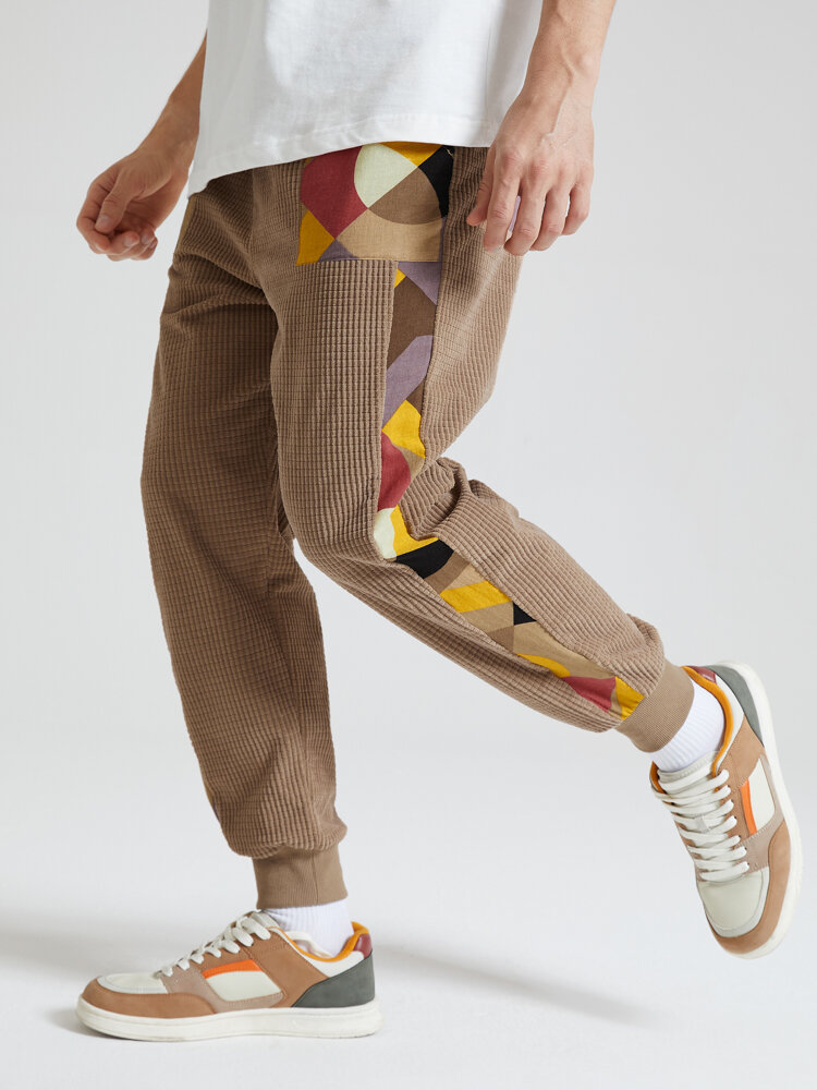 Mens Colorful Geometric Print Patchwork Corduroy Casual Drawstring Pants