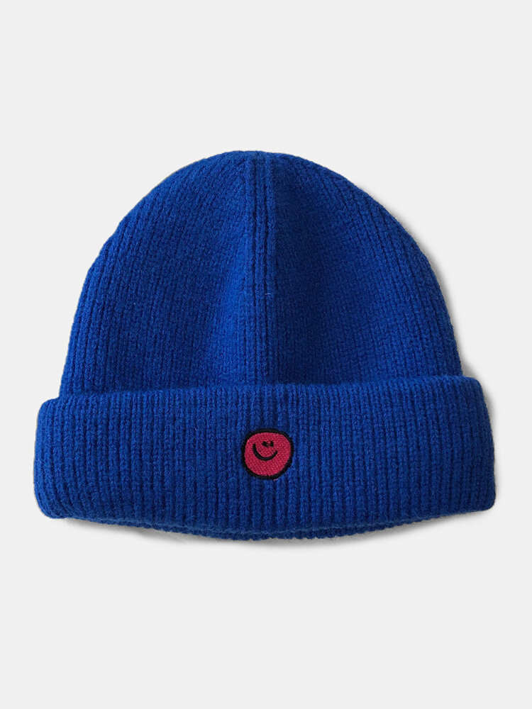 Unisex Knitted Solid Color Cartoon Smile Face Label Embroidery All-match Warmth Brimless Beanie Hat