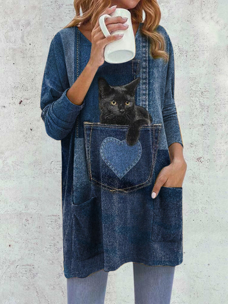 Fashion Cat Print V-neck Long Sleeve Plus Size Blouse with Pocket