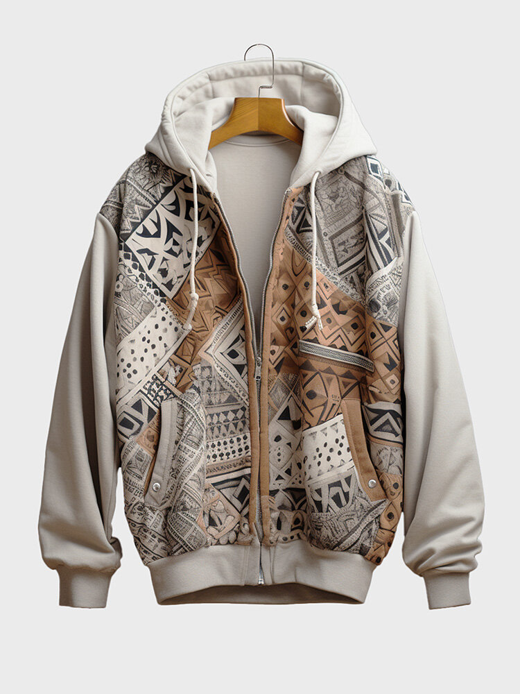 Mens Ethnic Vintage Geometric Print Patchwork Zip Front Hooded Jacket Winter