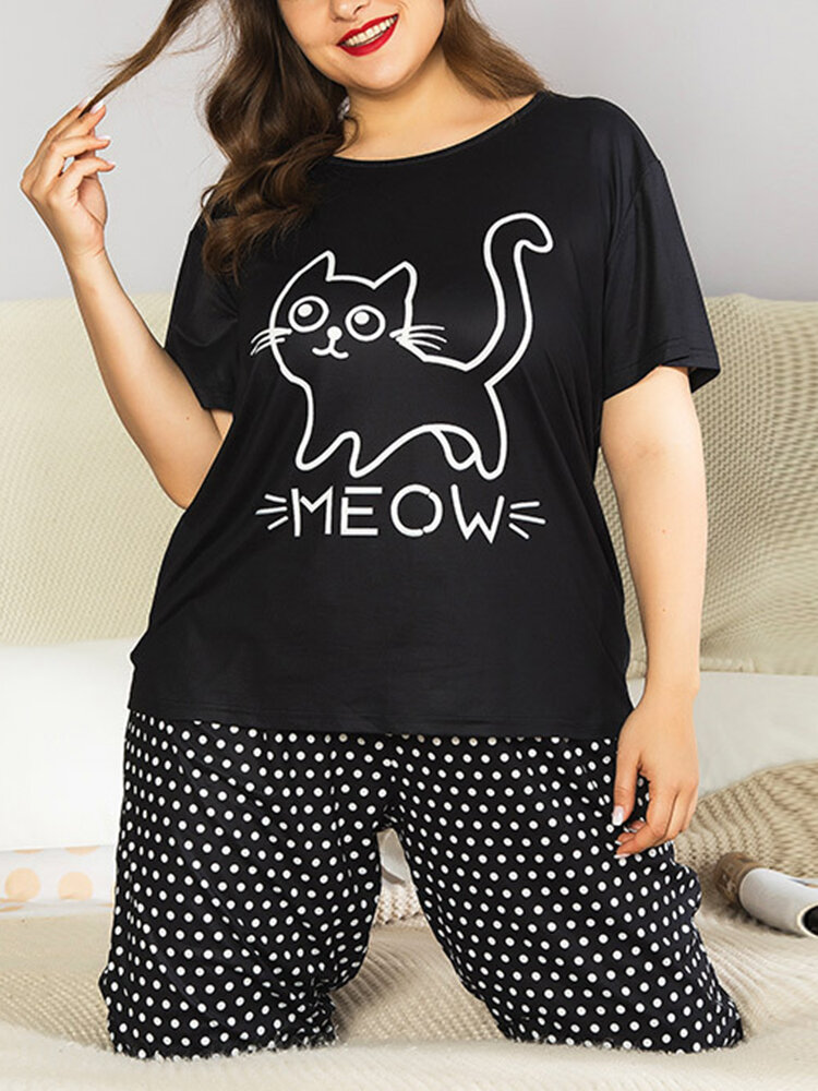 Plus Size Cartoon Cats Pajamas Set Cute Women Softies Sleepwear With Long Polka Dot Pants