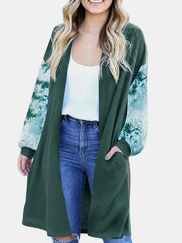 

Tie-dyed Print Patchwork Long Sleeve Casual Cardigan For Women, Grey;green;black
