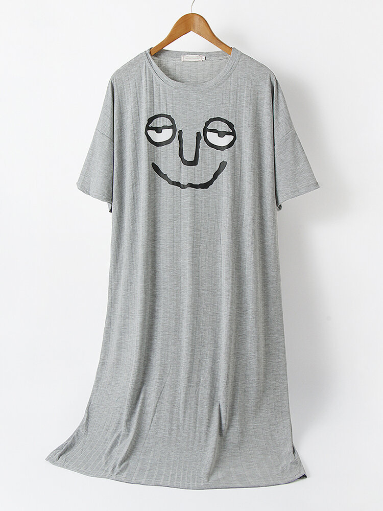 Women Cotton Funny Emojis Print Solid Color Breathable Loose Nightdress