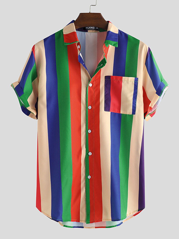 Mens Cool Rainbow Striped Patch Pocket Casual Short Sleeve Shirts