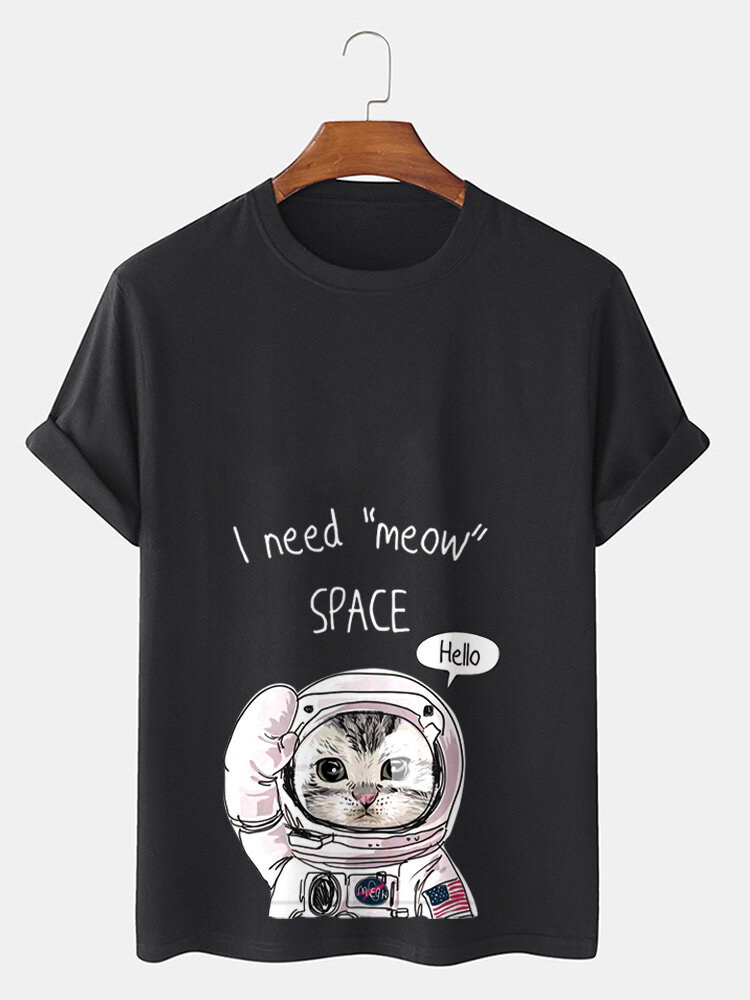 

Mens Cartoon Astronaut Cat Slogan Print Short Sleeve Cotton T-Shirts, Black;gray;pink;khaki;white;light blue;dark gray;blue