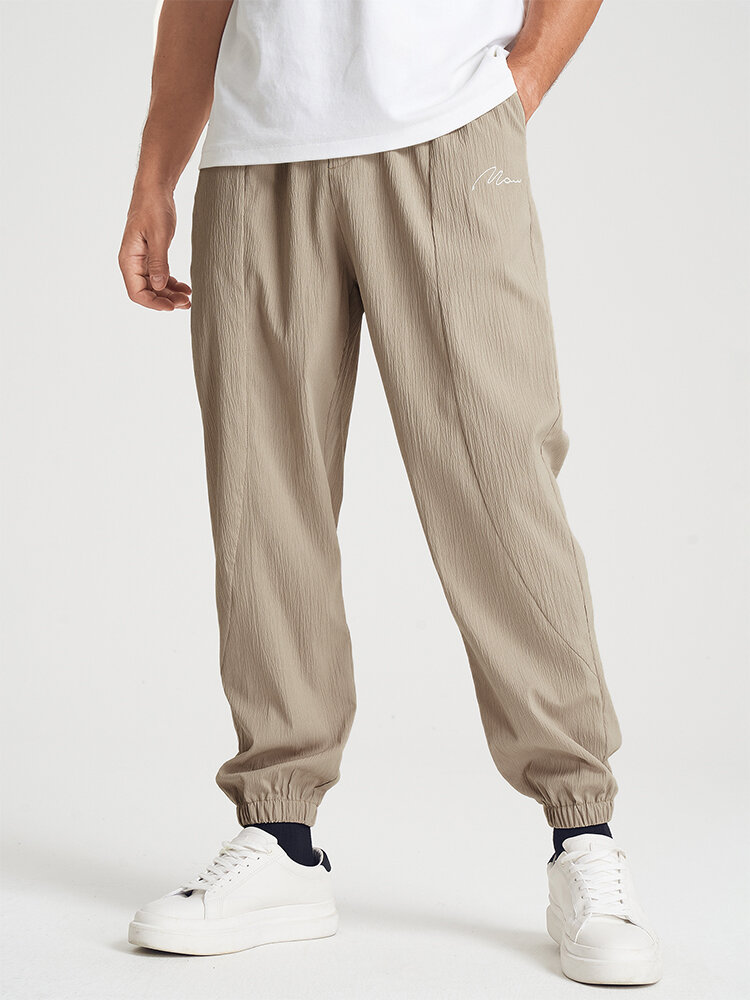 

Mens Embroidered Texture Seam Detail Daily Cuffed Pants, Khaki