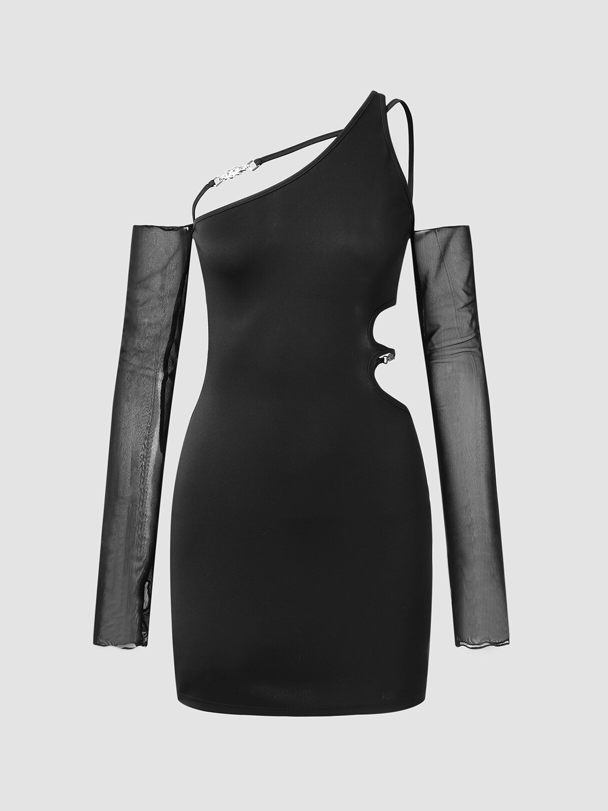 

Cut Out Sheer Long Sleeve Asymmetrical One Shoulder Dress, Black