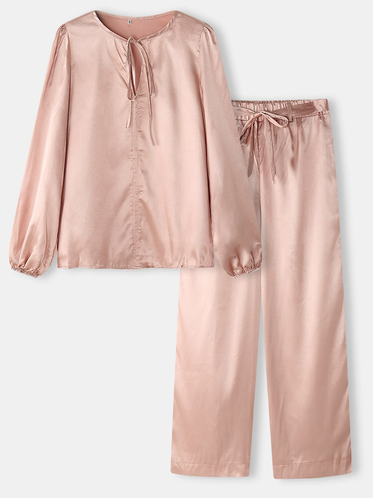 Plus Size Women Solid Lace Up Satin Cozy Loungewear Pajamas Sets