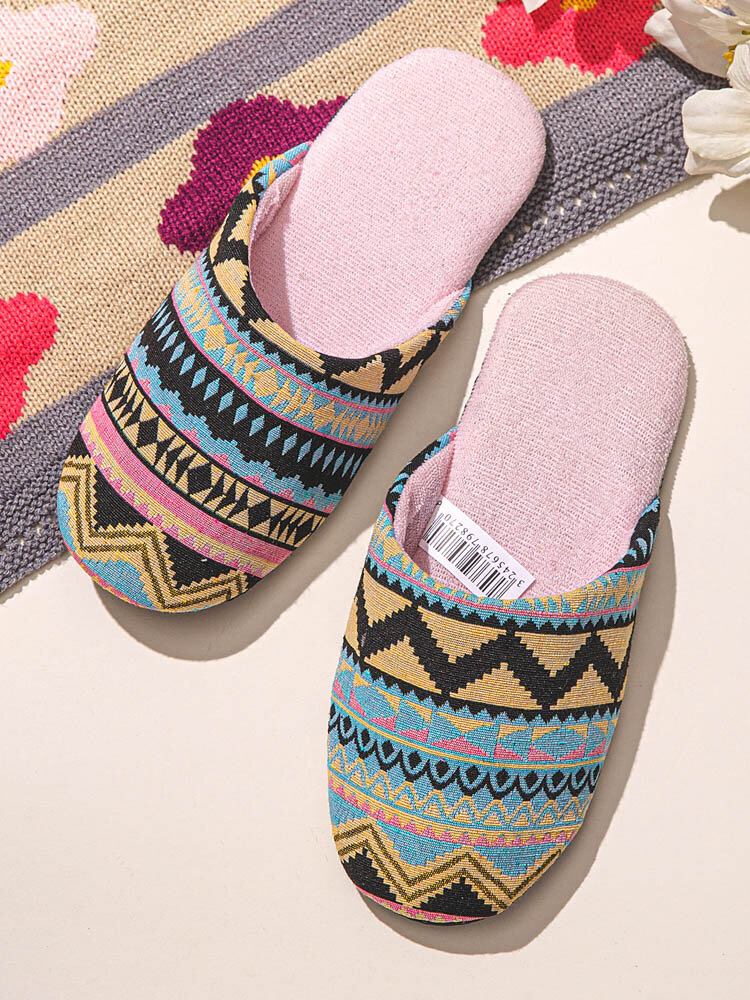Women Comfy Ethnic Pattern Closed Toe Cotton House Slippers