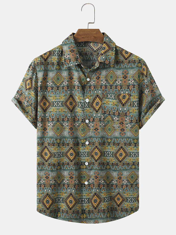 Mens Ethnic Geometric Print Button Up Short Sleeve Shirts With Pocket