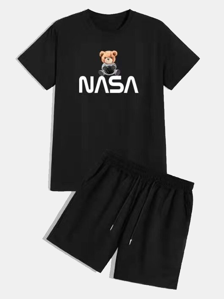 Mens NASA Cartoon Bear Print Crew Neck Cotton Black Two Pieces Outfits