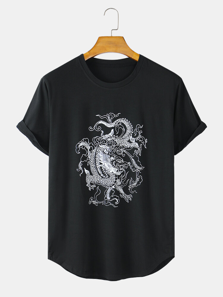 Mens Dragon Pattern Print Loose Light Casual O-Neck T-Shirts
