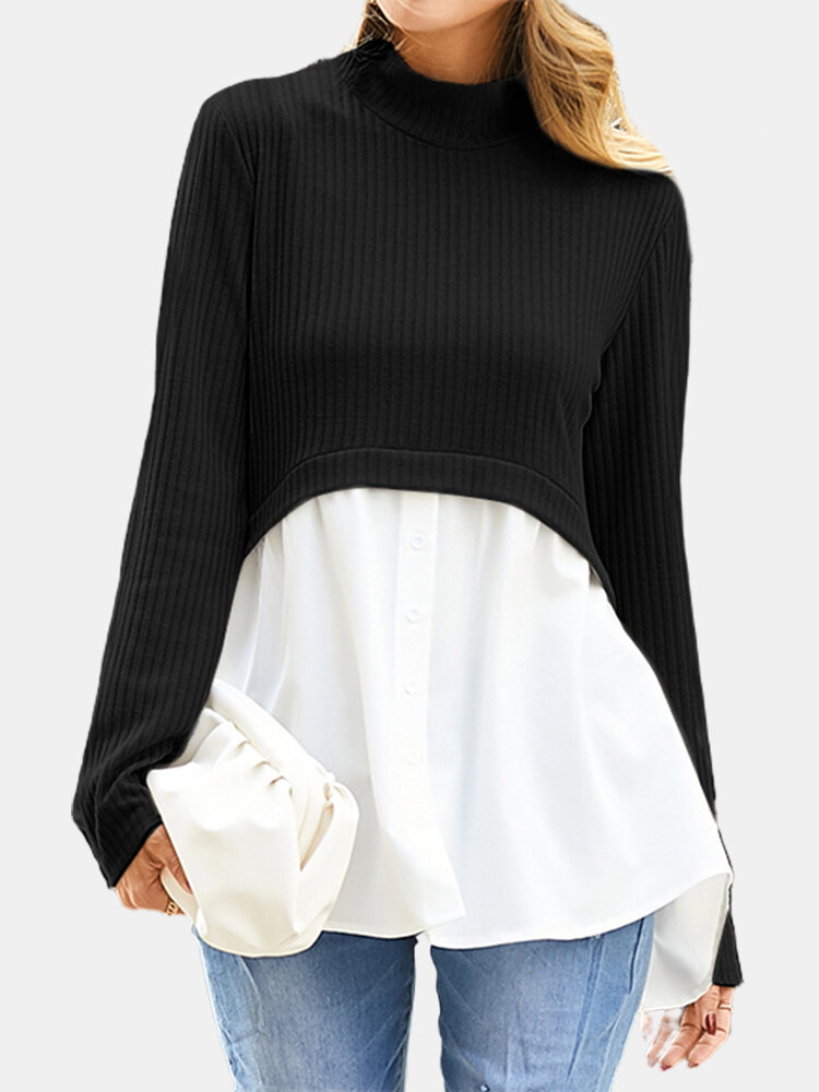 Повседневная блузка в стиле пэчворк контрастного цвета с длинными рукавами для Женское фото