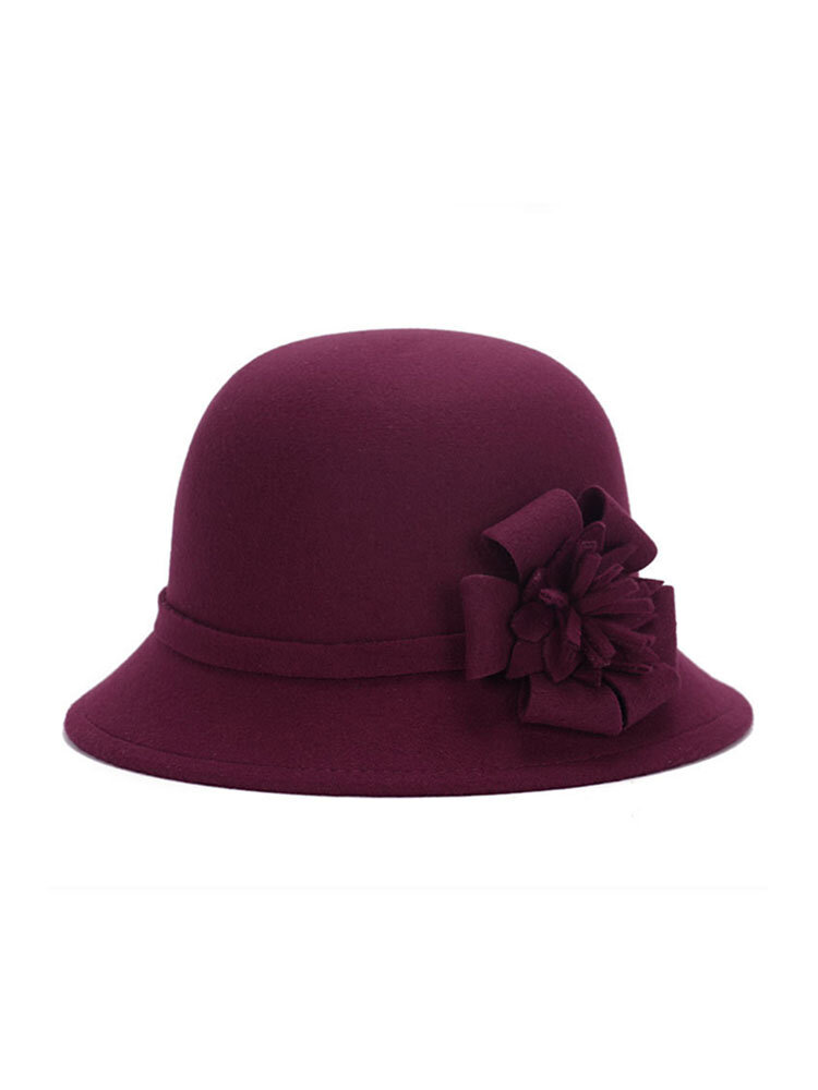Women Vintage Imitation Wool Flower Felt Dress Hat Warm Sunshade Cloche Bucket Cap