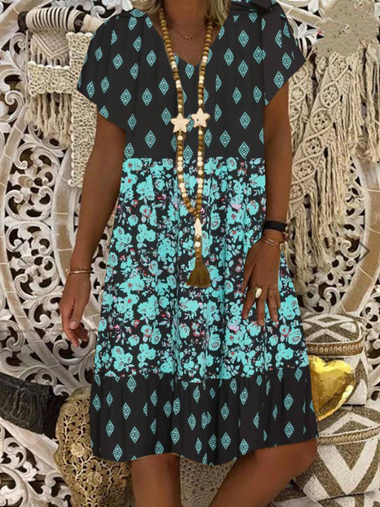 Ethnic Floral Print Patchwork Short Sleeve Dress For Women