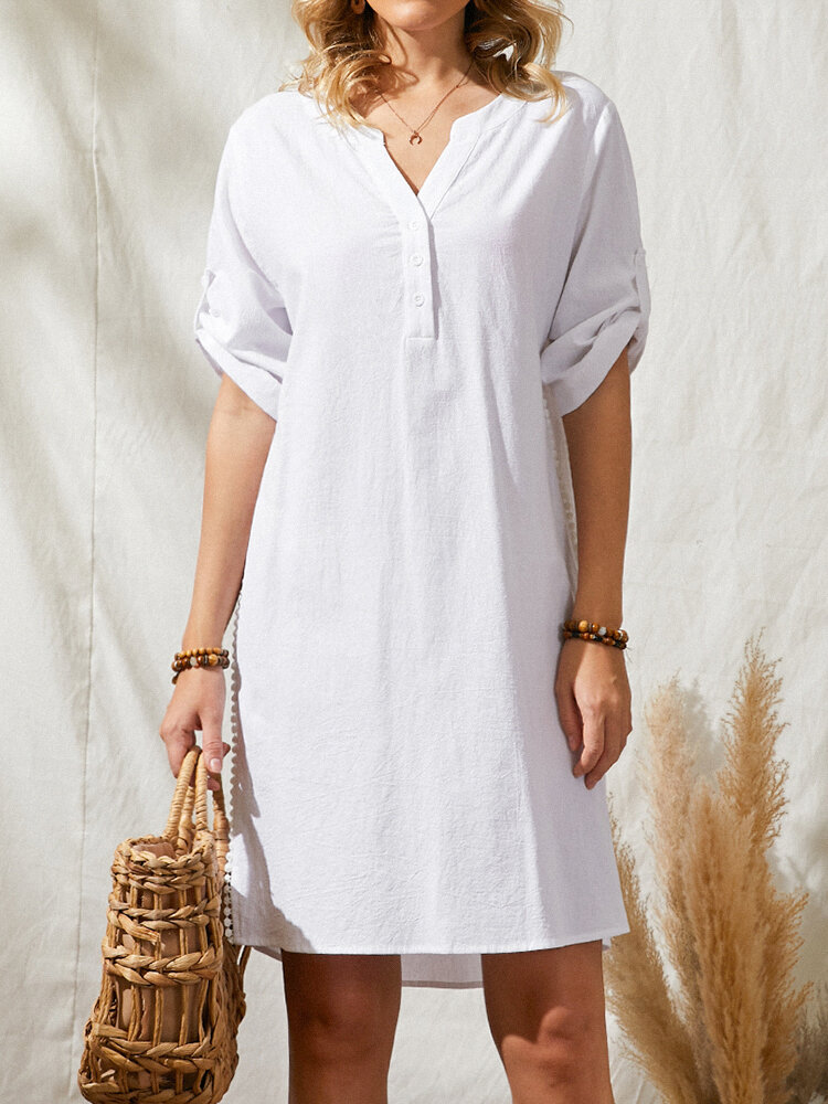 Button V-neck Half Sleeve Solid Color Women Casual Dress