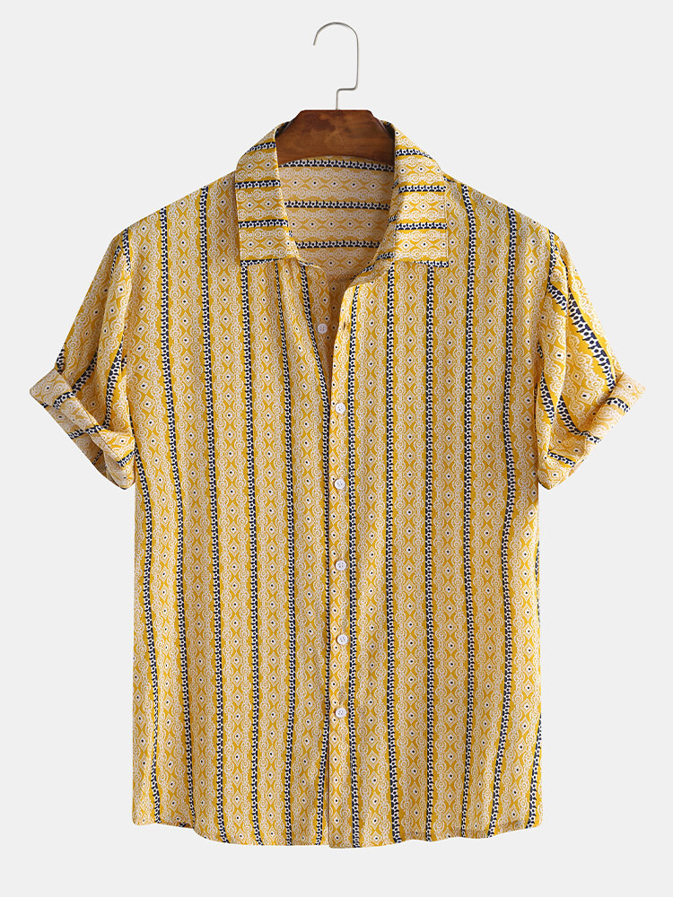 Mens Ethnic Pattern Print Stripe Smooth Breathable Short Sleeve Shirt