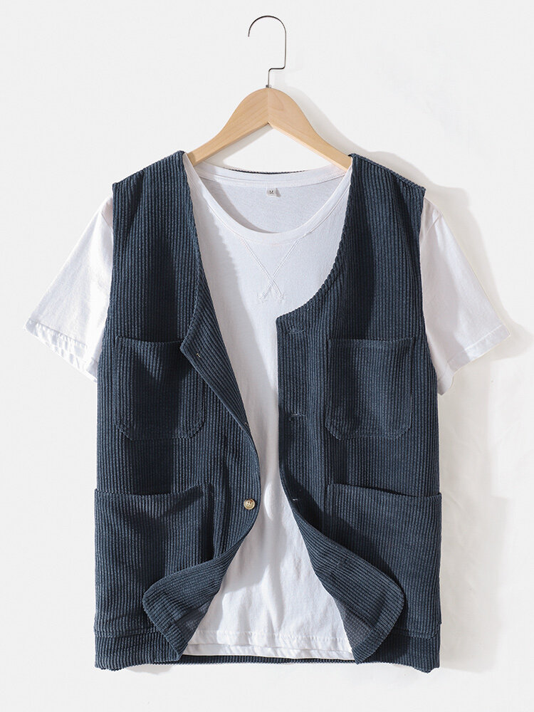 Mens Corduroy Solid Color Relaxed Fit Vests With Pockets