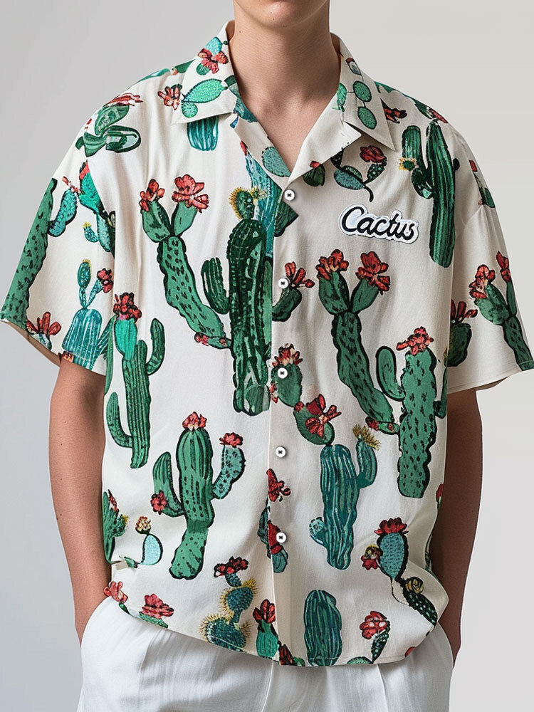 

Mens Cactus Print Lapel Collar Short Sleeve Shirts, White