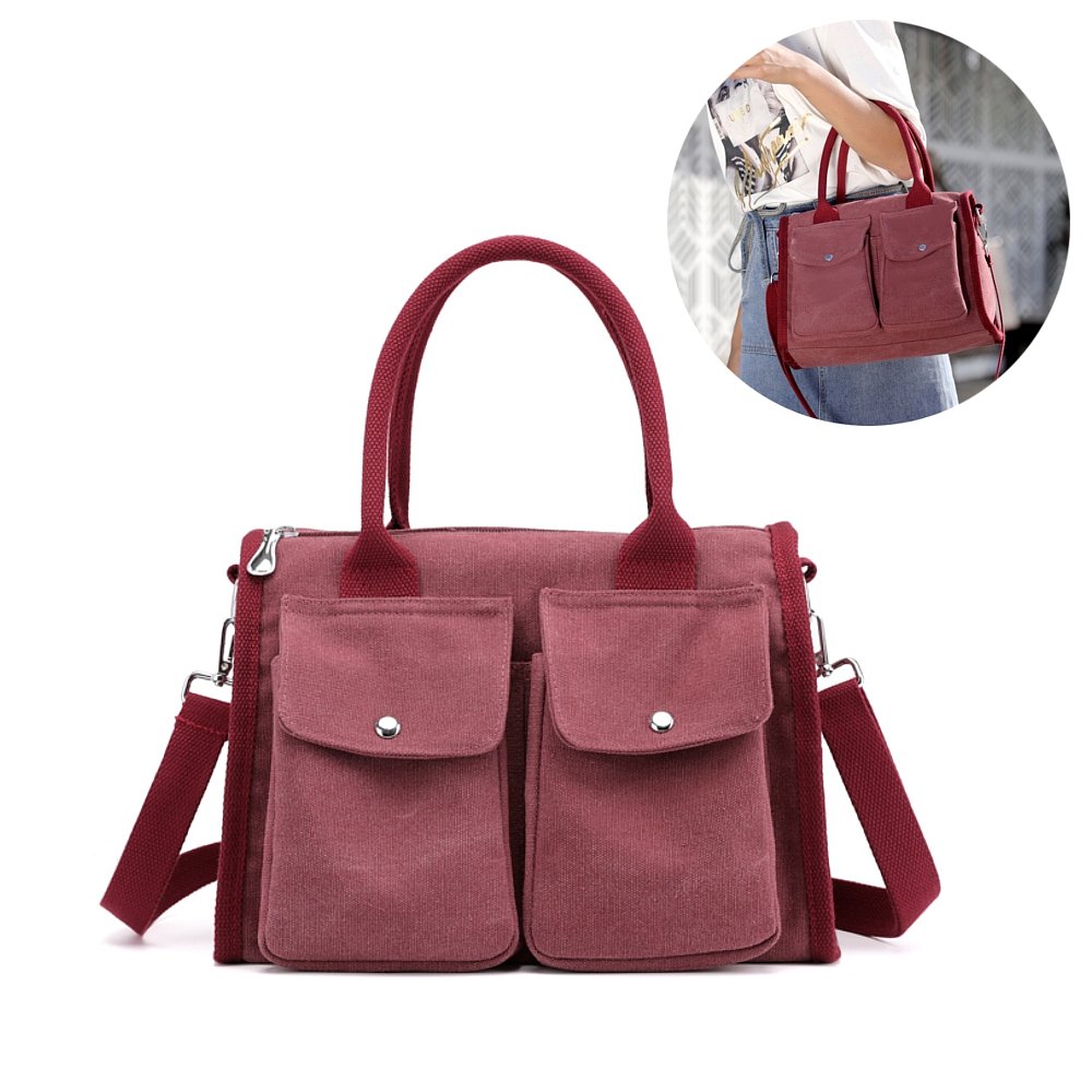 

KVKY Front Pockets Tote Handbags Simple Canvas Shoulder Bags Summer Shopping Bags, Blue;black;gray;beige;burgundy