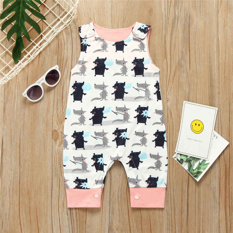

Baby Cartoon Print Sleeveless O-neck Cotton Casual Rompers For 0-24M, As picture