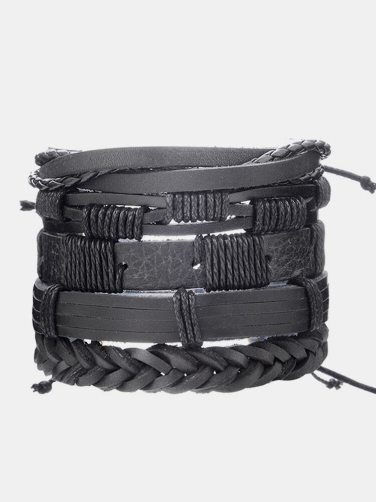 Vintage Punk Bracelet Set Multi-layer Leaf Pendant Pu Leather Handmade Weaving Bracelet