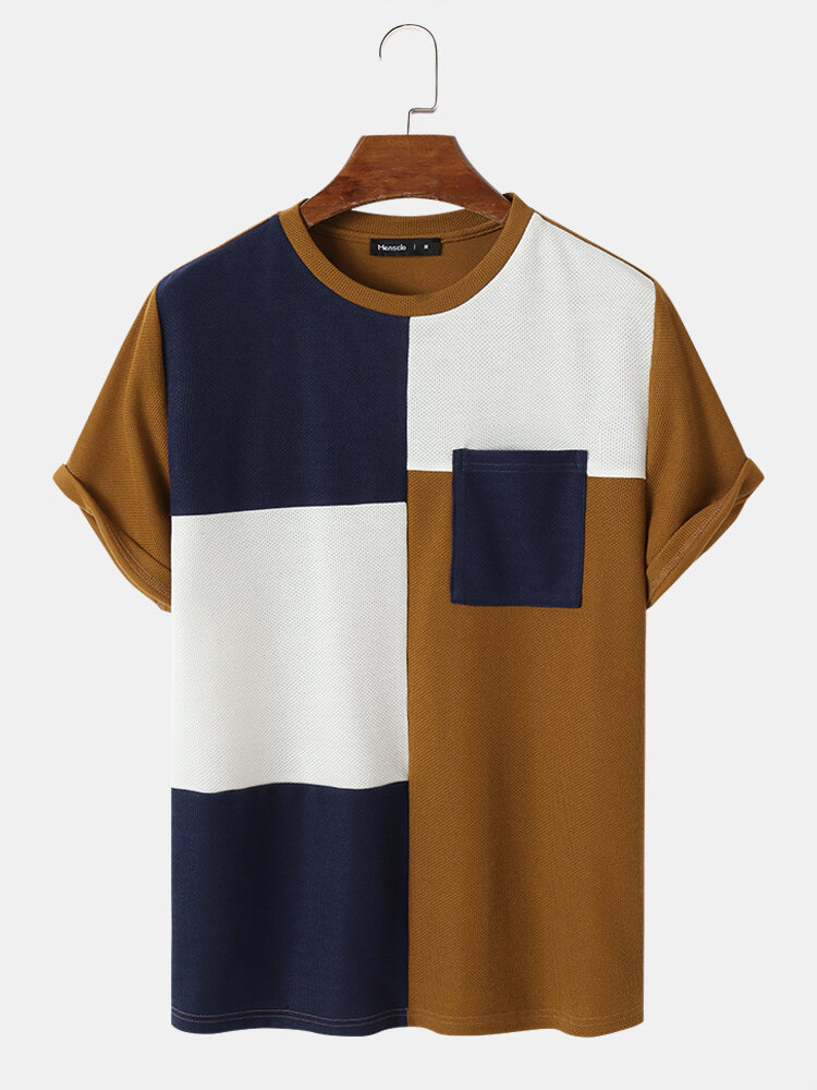 Mens Color Block Patchwork Crew Neck Knitted Short Sleeve T-Shirts
