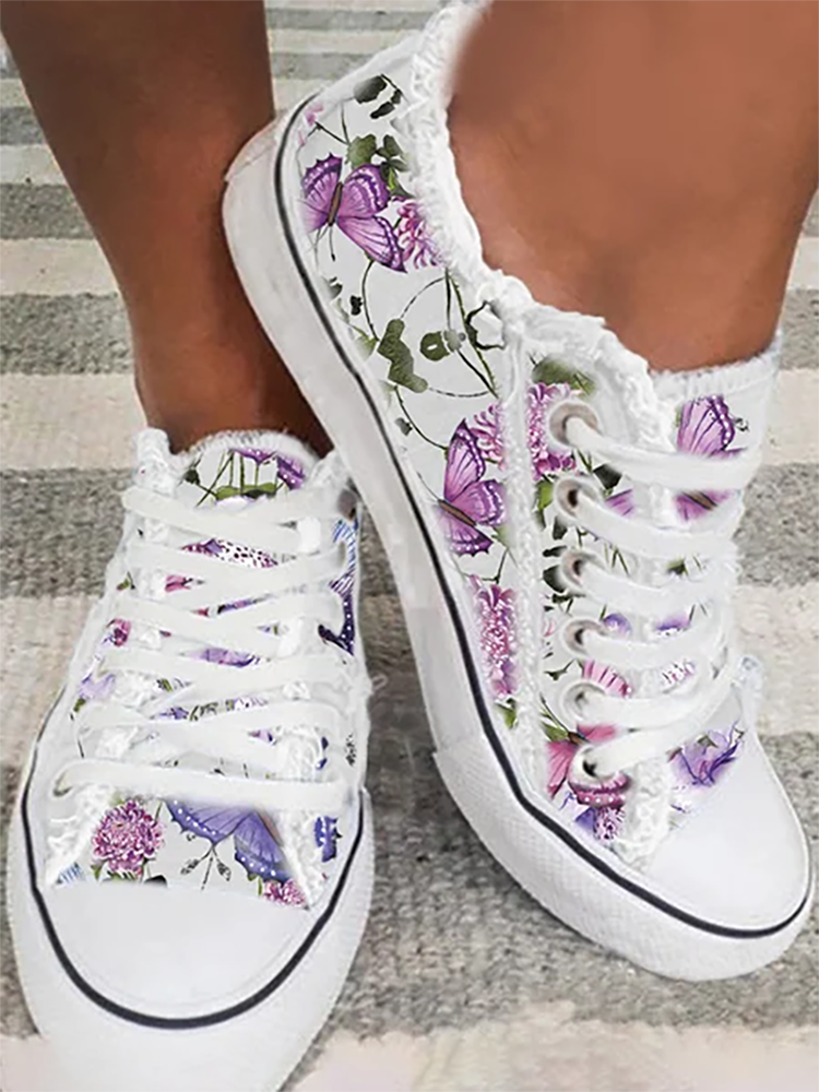 Women Breathable White Floral Canvas Large Size Lace Up Casual Flat Canvas Shoes