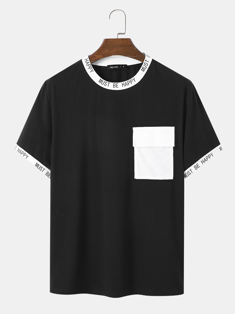 T-shirt da uomo a maniche corte con tasca con patta e stampa con rifiniture a lettera a contrasto