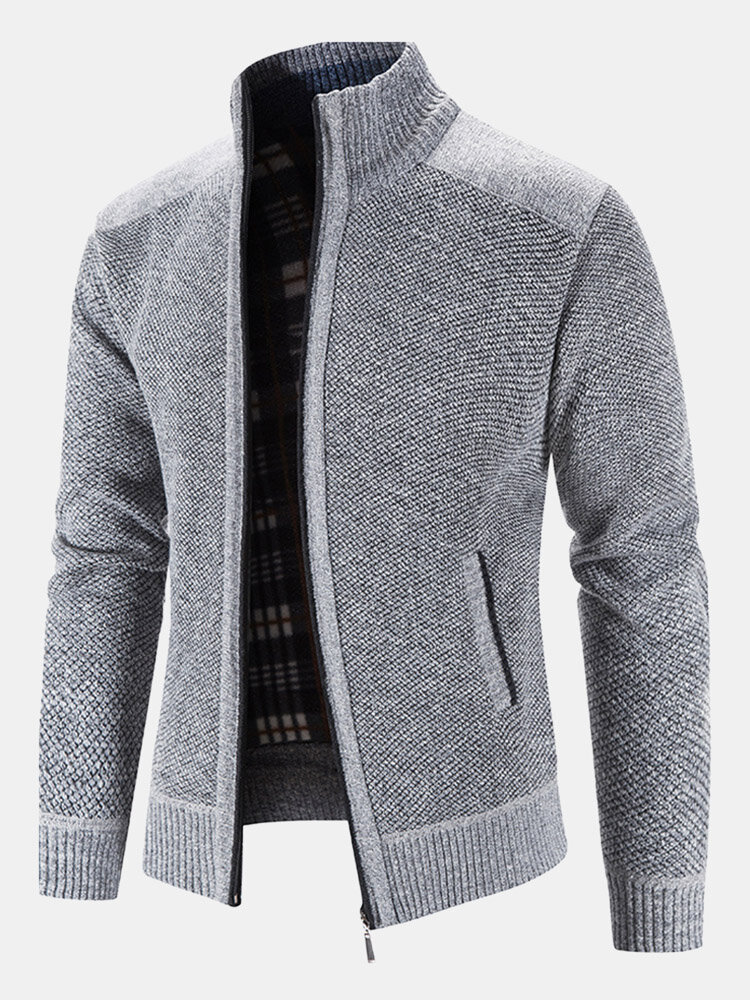 Mens Knitted Stand Collar Zip Up Casual Cardigans With Slant Pocket